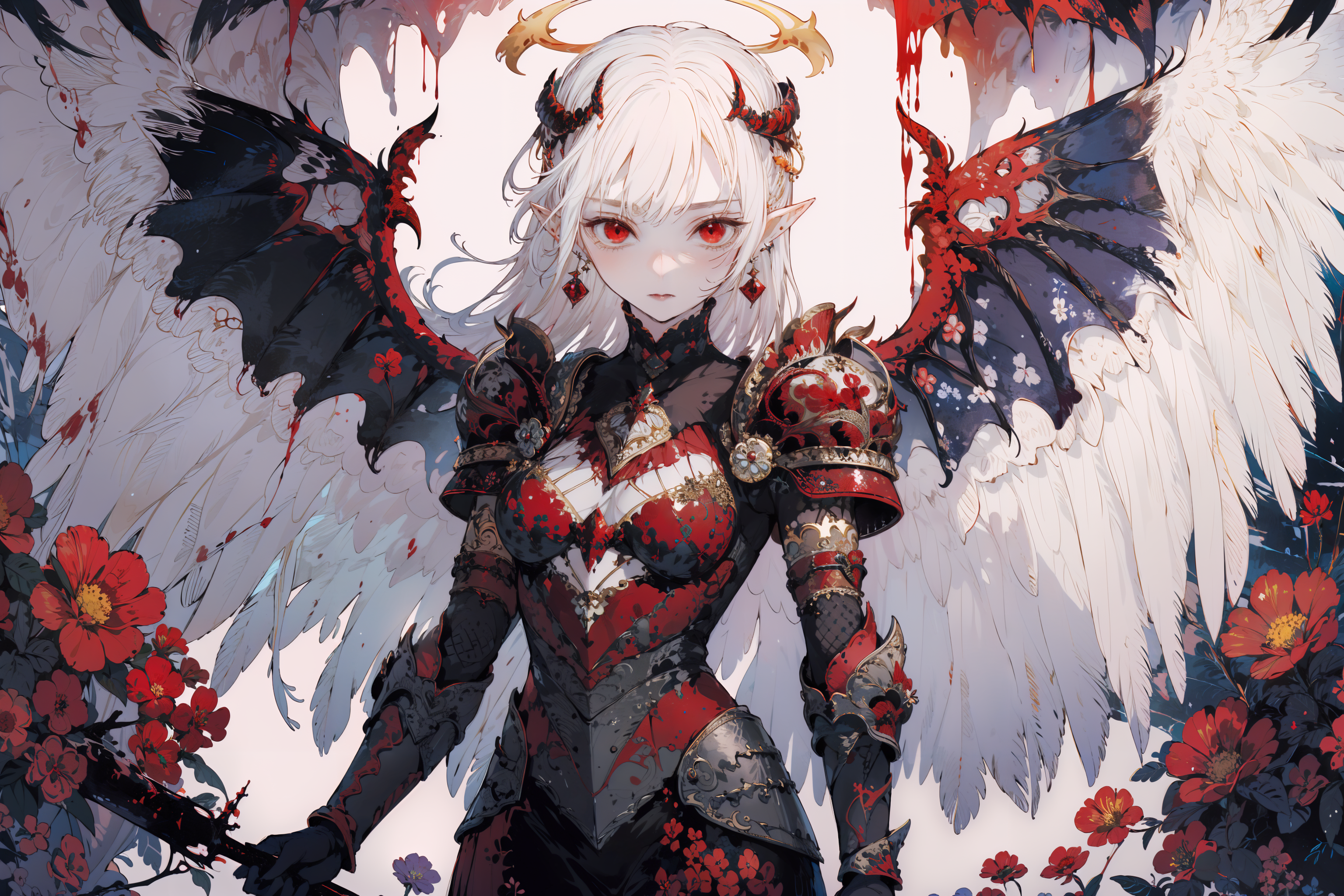 00694-2730616066-masterpiece,best quality,1girl,flowers,woman,wings,solo,red eyes,pointy ears,horns,halo,long hair,feathered wings,earrings,white.png